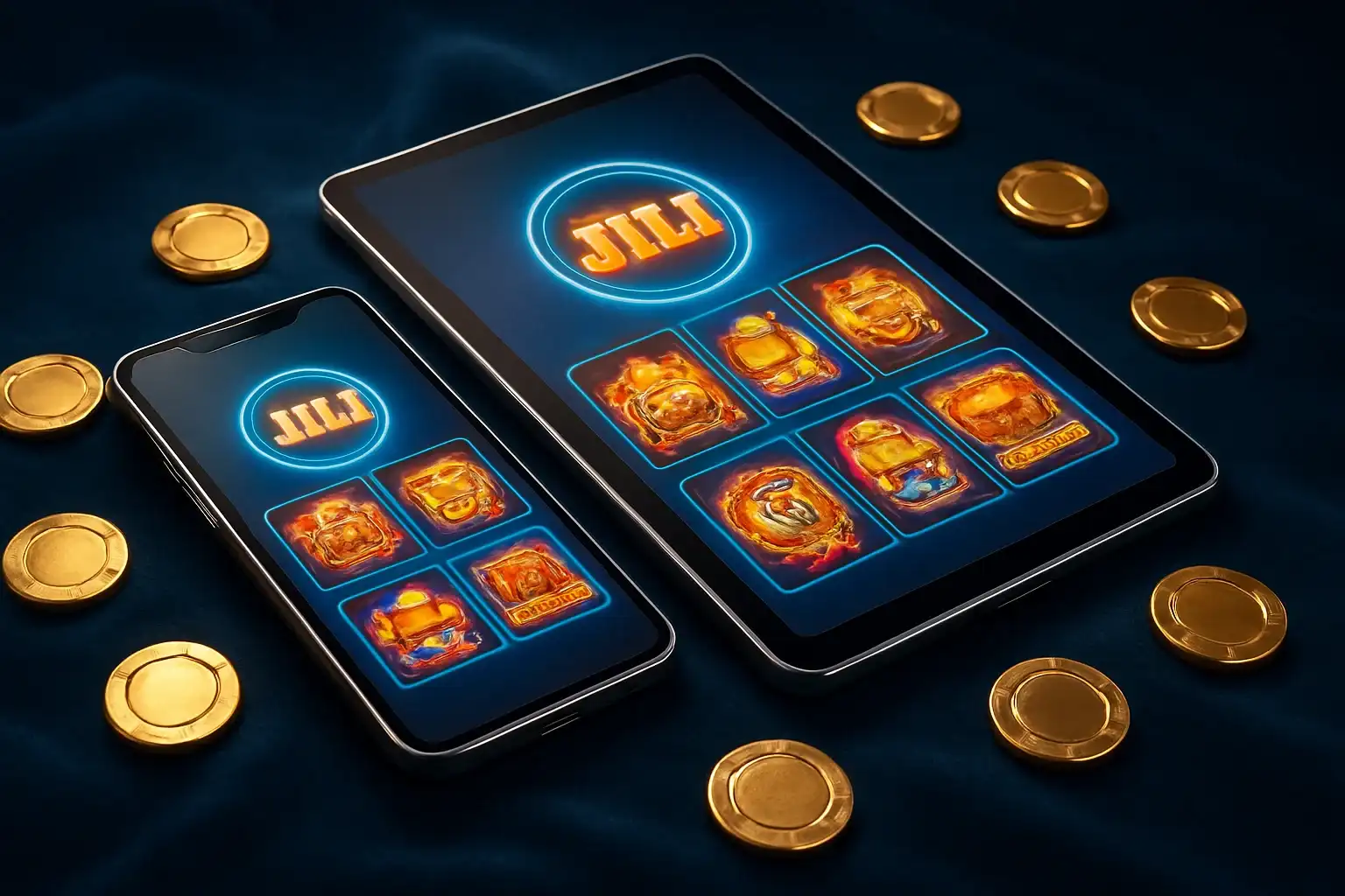 Phone and tablet with glowing casino app screens on blue velvet