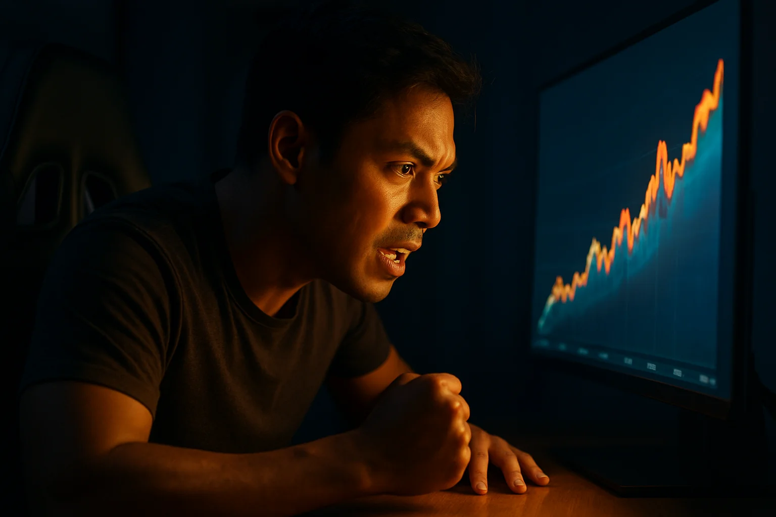 Filipino male player intensely watching colorful ascending graph on monitor