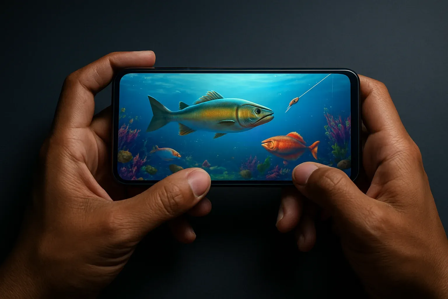 Filipino man holding Android phone with colorful underwater fishing game