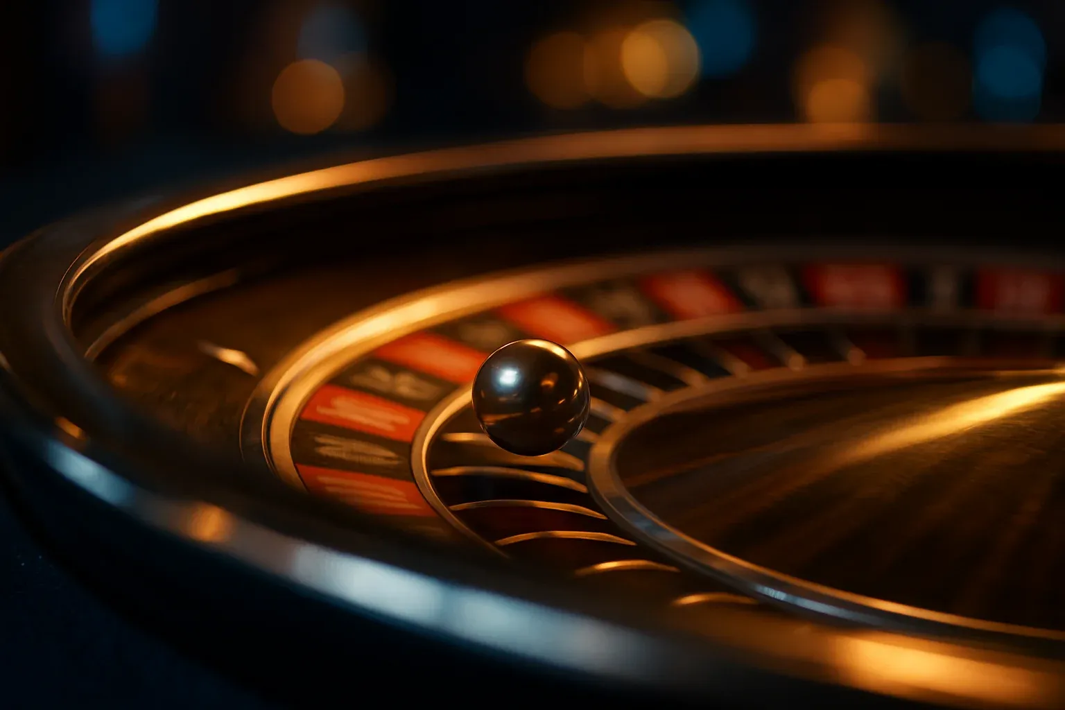 Hyperrealistic live casino roulette wheel spinning with chrome ball and blue felt
