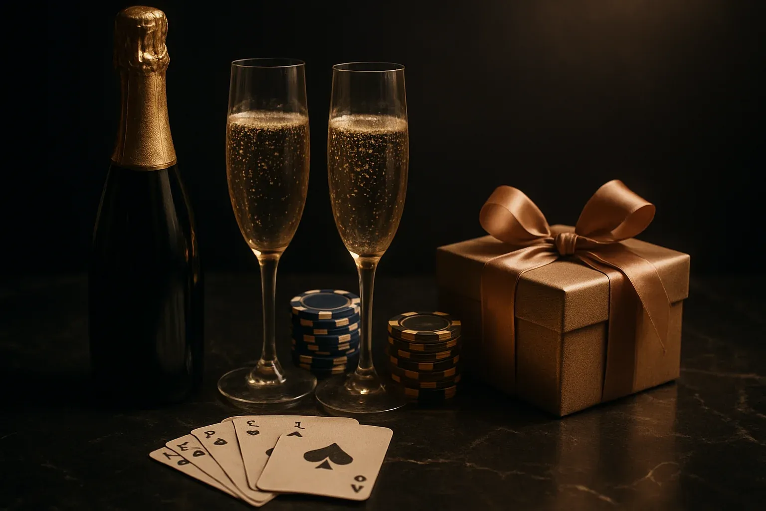 Champagne, casino chips, cards, and glowing gift box on black marble