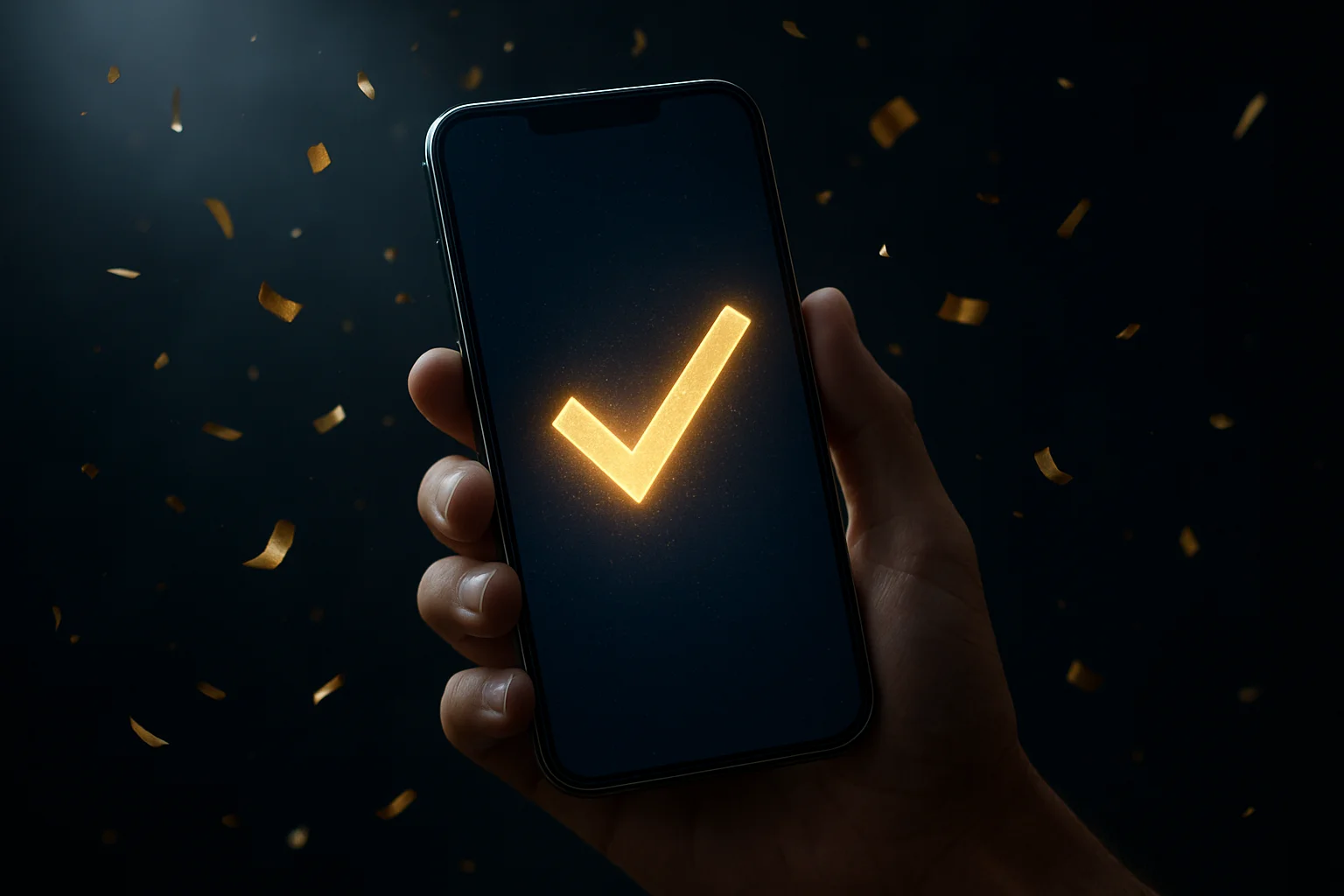 Smartphone showing glowing success checkmark with confetti on dark background