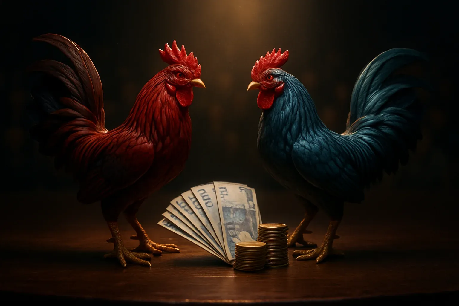 Decorative sabong rooster figurines with peso bets and coins on arena surface