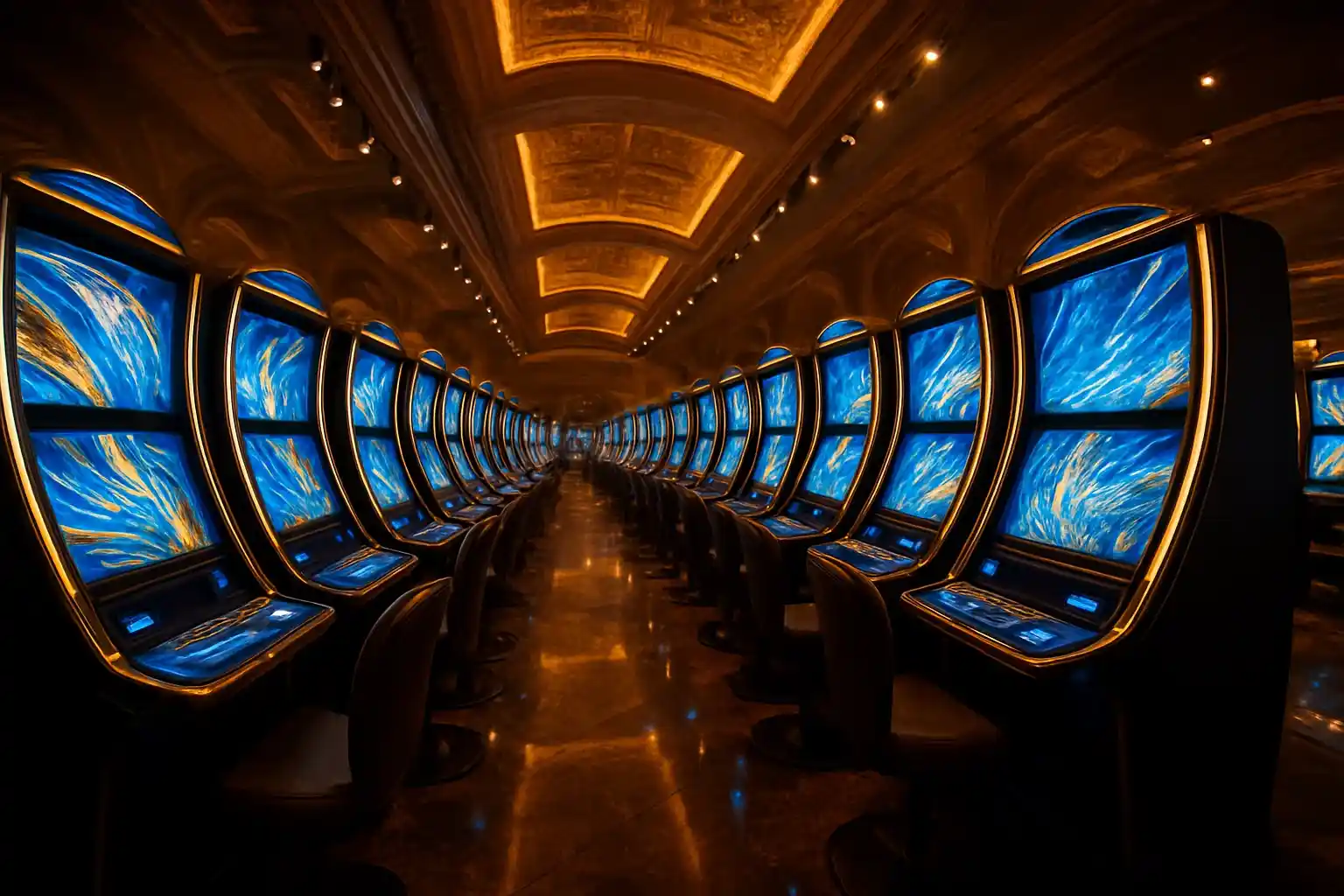 Luxury slots hall with curved machines, gold ceiling, and reflective floor
