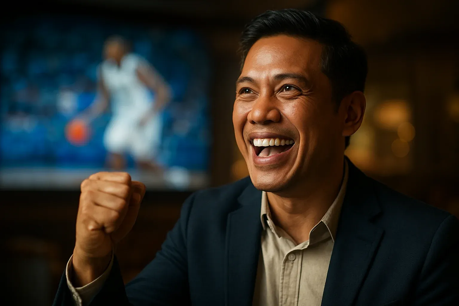 Filipino male sports bettor celebrating basketball win in Manila lounge